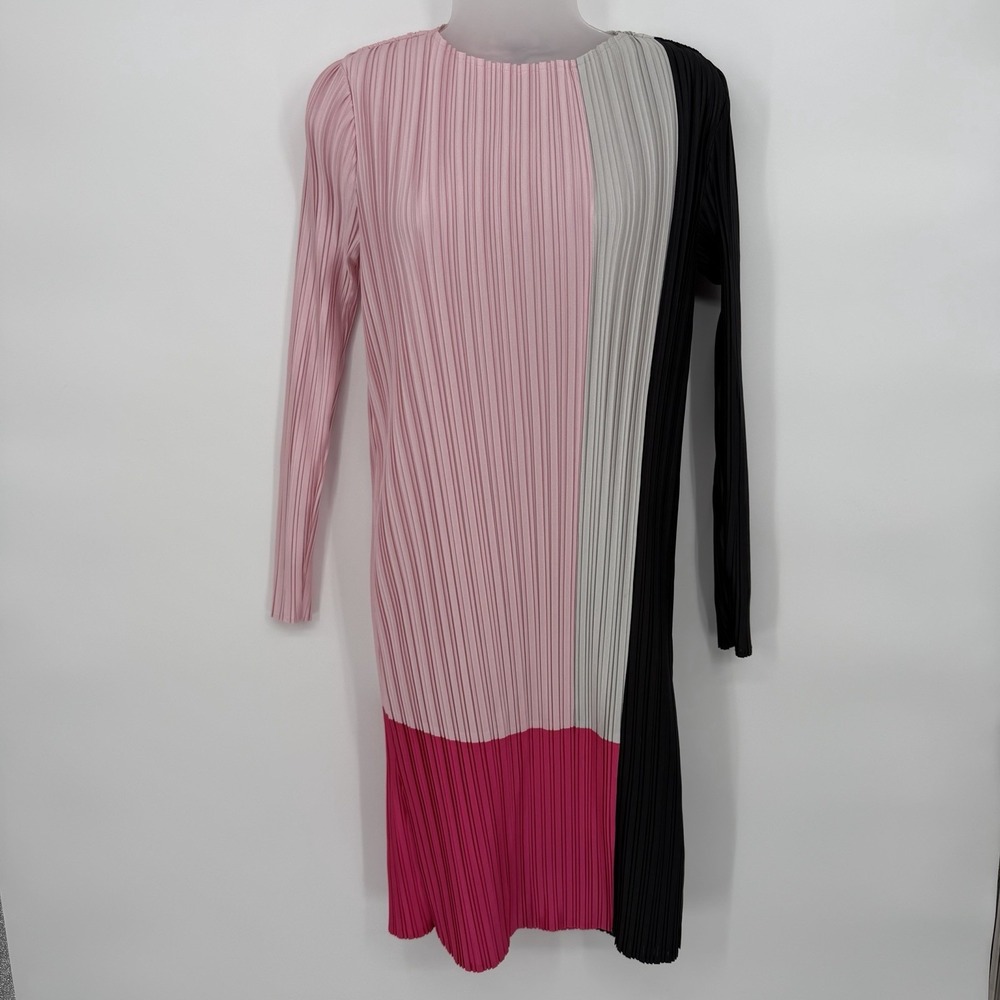 Ming Wang XXS Colorblock‎ Pleated Long Sleeve Knee Length Dress Crepe Stretch - Picture 2 of 9